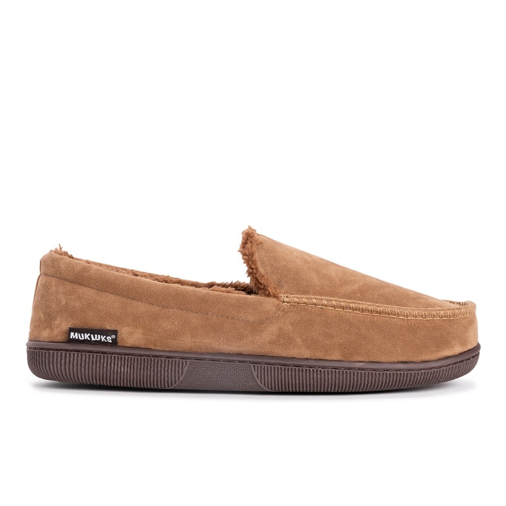 Muk Luks Mens Faux Suede Moccasin Slippers Camel Brown Faux Fur Lined Large NWT